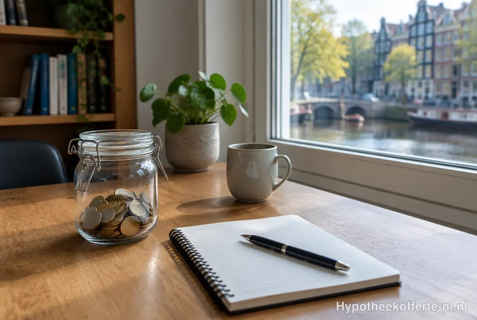 Spaarpot en papieren over pensioen op een bureau